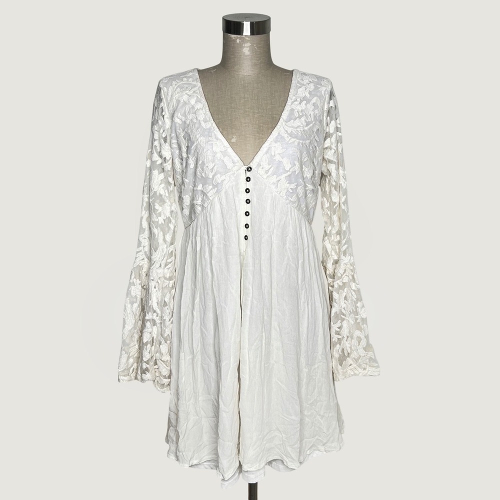 Lace Bell Sleeve Mini Boho Off White Dress Xhilaration Button Front Size XL
